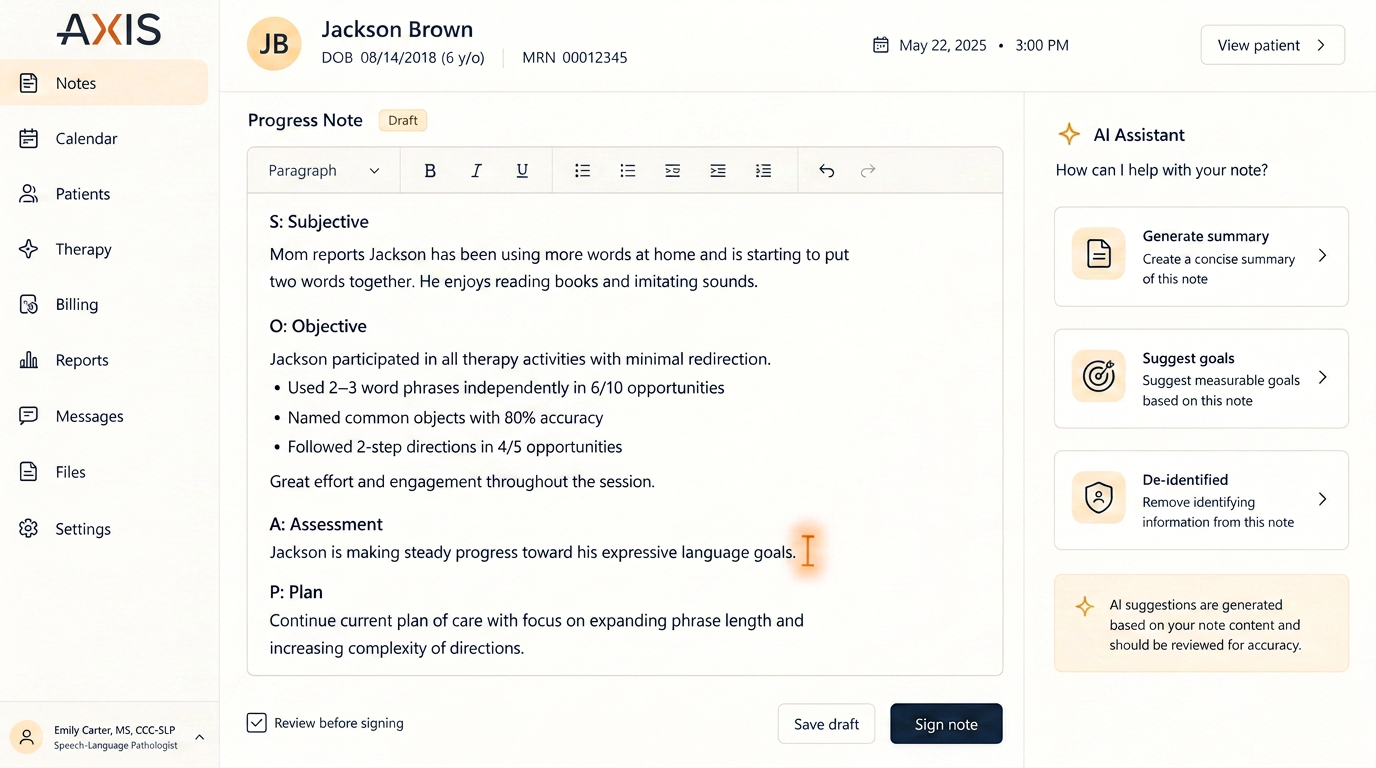 AI assistant drafting a pediatric therapy SOAP note
